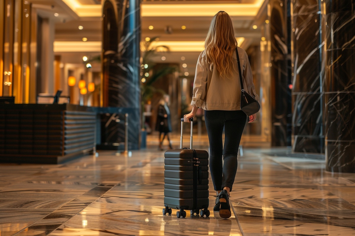 woman walking through a hotel lobby with luggage, Woman with luggage, seemingly in a hotel corridor, possibly checking in or out, or searching for their room, illustrating travel