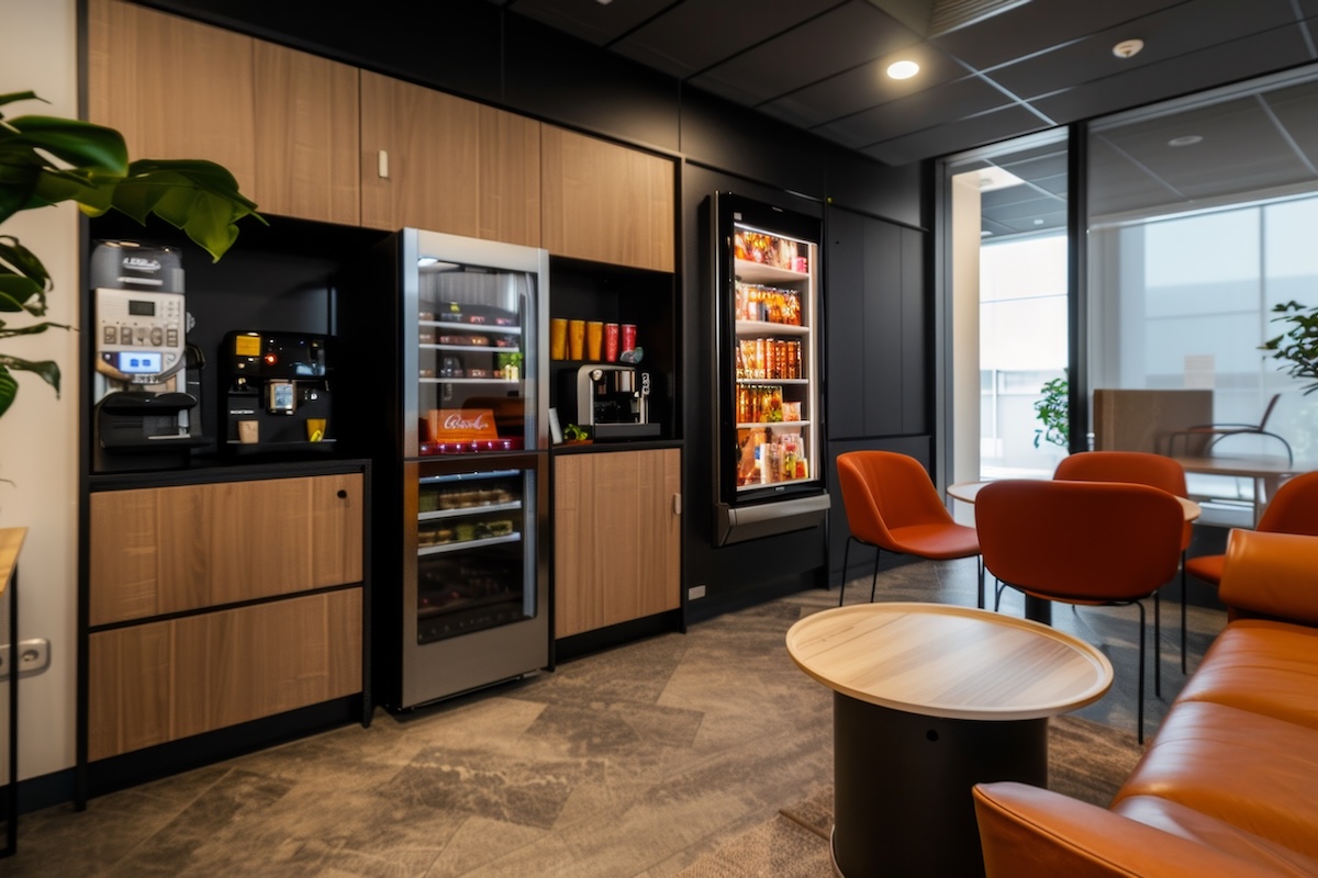 21061621 175 An office break area with a coffee machine, seating, and snacks High quality images --ar 16:9 Job ID: dfc267d1-2766-4e80-b6e9-4f565742a217